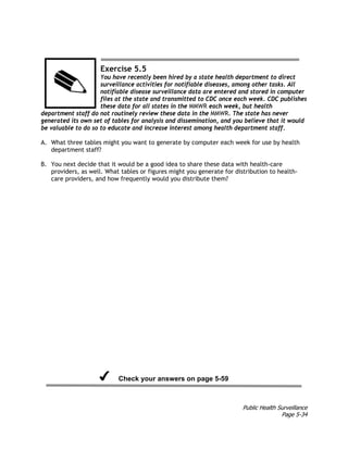 Public Health Surveillance
Page 5-34
Exercise 5.5
You have recently been hired by a state health department to direct
surveillance activities for notifiable diseases, among other tasks. All
notifiable disease surveillance data are entered and stored in computer
files at the state and transmitted to CDC once each week. CDC publishes
these data for all states in the MMWR each week, but health
department staff do not routinely review these data in the MMWR. The state has never
generated its own set of tables for analysis and dissemination, and you believe that it would
be valuable to do so to educate and increase interest among health department staff.
A. What three tables might you want to generate by computer each week for use by health
department staff?
B. You next decide that it would be a good idea to share these data with health-care
providers, as well. What tables or figures might you generate for distribution to health-
care providers, and how frequently would you distribute them?
Check your answers on page 5-59
 