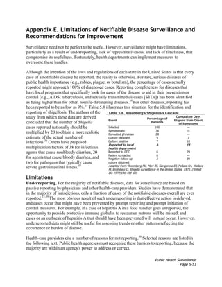 Public Health Surveillance
Page 5-51
Appendix E. Limitations of Notifiable Disease Surveillance and
Recommendations for Improvement
Surveillance need not be perfect to be useful. However, surveillance might have limitations,
particularly as a result of underreporting, lack of representativeness, and lack of timeliness, that
compromise its usefulness. Fortunately, health departments can implement measures to
overcome these hurdles.
Although the intention of the laws and regulations of each state in the United States is that every
case of a notifiable disease be reported, the reality is otherwise. For rare, serious diseases of
public health importance (e.g., rabies, plague, or botulism), the percentage of cases actually
reported might approach 100% of diagnosed cases. Reporting completeness for diseases that
have local programs that specifically look for cases of the disease to aid in their prevention or
control (e.g., AIDS, tuberculosis, and sexually transmitted diseases [STDs]) has been identified
as being higher than for other, nonlife-threatening diseases.35
For other diseases, reporting has
been reported to be as low as 9%.35
Table 5.8 illustrates this situation for the identification and
reporting of shigellosis. The authors of the
study from which these data are derived
concluded that the number of Shigella
cases reported nationally should be
multiplied by 20 to obtain a more realistic
estimate of the actual number of
infections.36
Others have proposed
multiplication factors of 38 for infectious
agents that cause nonbloody diarrhea, 20
for agents that cause bloody diarrhea, and
two for pathogens that typically cause
severe gastrointestinal illness.37
Limitations
Underreporting. For the majority of notifiable diseases, data for surveillance are based on
passive reporting by physicians and other health-care providers. Studies have demonstrated that
in the majority of jurisdictions, only a fraction of cases of the notifiable diseases overall are ever
reported.37-39
The most obvious result of such underreporting is that effective action is delayed,
and cases occur that might have been prevented by prompt reporting and prompt initiation of
control measures. For example, if a case of hepatitis A in a food handler goes unreported, the
opportunity to provide protective immune globulin to restaurant patrons will be missed, and
cases or an outbreak of hepatitis A that should have been prevented will instead occur. However,
underreported data might still be useful for assessing trends or other patterns reflecting the
occurrence or burden of disease.
Health-care providers cite a number of reasons for not reporting.40
Selected reasons are listed in
the following text. Public health agencies must recognize these barriers to reporting, because the
majority are within an agency's power to address or correct.
Table 5.8. Rosenberg’s Shigellosis Cascade
Event
Percentage of
Patients
Cumulative Days
Elapsed from Onset
of Symptoms
Infected 100 —
Symptomatic 76 —
Consulted physician 28 —
Culture obtained 9 7
Culture positive 7 10
Reported to local
health department
6 11
Reported to CDC 6 29
Patient contacted 6 —
Negative follow-up
culture obtained
2 39
Adapted from: Rosenberg MJ, Marr JS, Gangarosa EJ, Pollard RA, Wallace
M, Brolnitsky O. Shigella surveillance in the United States, 1975. J Infect
Dis 1977;136:458–60.
 