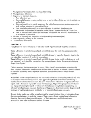 Public Health Surveillance
Page 5-59
1. Change in surveillance system or policy of reporting.
2. Change in case definition.
3. Improved or incorrect diagnosis.
• New laboratory test.
• Increased physician awareness of the need to test for tuberculosis, new physician in town,
and so forth.
• Increase in publicity or public awareness that might have prompted persons or parents to
seek medical attention for compatible illness.
• New population subgroup (e.g., refugees) in state A who have previous recent
vaccination against tuberculosis using the bacille de Calmette-Guérin (BCG) vaccine.
• New or untrained staff conducting testing for tuberculosis and incorrect interpretation of
skin reaction to tuberculin.
4. Increase in reporting (i.e., improved awareness of requirement to report).
5. Batch reporting (unlikely in this scenario).
6. True increase in incidence.
Exercise 5.5
No right answer exists, but one set of tables for health department staff might be as follows:
Table 1. Number of reported cases of each notifiable disease this week for each county in the
state.
Table 2. Number of reported cases of each notifiable disease by week for the entire state for the
current and the previous 6–8 weeks for comparison.
Table 3. Number of reported cases of each notifiable disease for the past 4 weeks (current week
and previous 3 weeks) and for comparison, the number of cases during the same period during
the previous 5 years.
Table 1 addresses disease occurrence by place. Tables 2 and 3 address disease occurrence by
time. Together, these tables should provide an indication of whether an unusual cluster or pattern
of disease is occurring. If such a pattern is detected, person characteristics might then be
explored.
A report for health-care providers does not need to be distributed as frequently and does not need
to include all of the notifiable diseases. One approach might be to distribute a report every 6
months and include notifiable diseases that have demonstrated substantial change since the last
report, with a discussion of possible causes for the change. Maps of the geographic distribution
and figures illustrating the trends over time of selected diseases might be more appealing and
informative to health-care providers than tables of frequencies. Information on the diagnosis and
treatment of highlighted diseases might also be of interest to health-care providers.
Reports for the media and public typically should be issued to inform them of outbreaks, of new
diseases, or of diseases of particular concern. These reports should include basic information
about the diseases, the location and frequency of their occurrence, and information on
recognition, prevention, and treatment of the diseases.
 