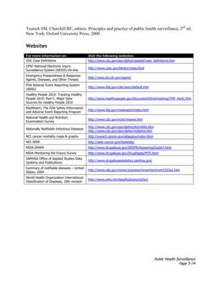 Public Health Surveillance
Page 5-74
Teutsch SM, Churchill RE, editors. Principles and practice of public health surveillance, 2nd
ed.
New York: Oxford University Press; 2000.
Websites
For more information on: Visit the following websites:
CDC Case Definitions http://www.cdc.gov/epo/dphsi/casedef/case_definitions.htm
CPSC National Electronic Injury
Surveillance System (NEISS) On-line
http://www.cpsc.gov/library/neiss.html
Emergency Preparedness & Response:
Agents, Diseases, and Other Threats
http://www.bt.cdc.gov/agent/
FDA Adverse Event Reporting System
(AERS)
http://www.fda.gov/cder/aers/default.htm
Healthy People 2010: Tracking Healthy
People 2010: Part C. Major Data
Sources for Healthy People 2010
http://www.healthypeople.gov/Document/html/tracking/THP_PartC.htm
MedWatch, The FDA Safety Information
and Adverse Event Reporting Program
http://www.fda.gov/medwatch/index.html
National Health and Nutrition
Examination Survey
http://www.cdc.gov/nchs/nhanes.htm
Nationally Notifiable Infectious Diseases
http://www.cdc.gov/epo/dphsi/phs/infdis.htm
http://www.cdc.gov/epo/dphsi/nndsshis.htm
NCI cancer mortality maps & graphs http://www3.cancer.gov/atlasplus/index.html
NCI SEER http://seer.cancer.gov/faststats/
NIDA DAWN http://www.drugabuse.gov/DESPR/Assessing/Guide7.html
NIDA Monitoring the Future Survey http://www.drugabuse.gov/DrugPages/MTF.html
SAMHSA Office of Applied Studies Data
Systems and Publications
http://www.drugabusestatistics.samhsa.gov/
Summary of notifiable diseases – United
States, 2004
http://www.cdc.gov/mmwr/preview/mmwrhtml/mm5353a1.htm
World Health Organization International
Classification of Diseases, 10th revision
http://www.who.int/classifications/icd/en/
 
