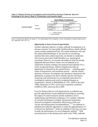 Investigating an Outbreak
Page 6-5
Table 6.1 Relative Priority of Investigative and Control Efforts During an Outbreak, Based on
Knowledge of the Source, Mode of Transmission, and Causative Agent
Source/Mode of Transmission
(How people are getting exposed to the agent)
Known Unknown
Known
Investigation +
Control +++
Investigation +++
Control +
Causative Agent
Unknown
Investigation +++
Control +++
Investigation +++
Control +
+++ = highest priority
+ = lowest priority
Source: Goodman RA, Buehler JW, Koplan JP. The epidemiologic field investigation: science and judgment in public health practice.
Am J Epidemiol 1990;132:9–16.
Opportunity to learn (research opportunity)
Another important objective of many outbreak investigations is to
advance research. For most public health problems, health officials
cannot conduct randomized trials. We cannot randomize who eats
the undercooked hamburger or sits near the ice resurfacing
machine that emits carbon monoxide, nor should we randomize
who receives preventive health benefits (e.g., mammogram
screening). However, we can take advantage of what has already
happened and learn from it. Some view an outbreak as an
experiment of nature waiting to be analyzed and exploited. For a
newly recognized disease, field investigation provides an
opportunity to characterize the natural history — including agent,
mode of transmission, and incubation period — and the clinical
spectrum of disease. Investigators also attempt to characterize the
populations at greatest risk and to identify specific risk factors.
Acquiring such information was an important motivation for
investigators studying such newly recognized diseases as
Legionnaires’ disease in Philadelphia in 1976, AIDS in the early
1980s, hantavirus in 1993, severe acute respiratory syndrome
(SARS) in 2003, and avian flu in 2005.
Even for diseases that are well characterized, an outbreak may
provide opportunities to gain additional knowledge by assessing
the impact of control measures and the usefulness of new
epidemiology and laboratory techniques. For example, outbreaks
of varicella (chickenpox) in highly immunized communities
allowed investigators to determine effectiveness of the new
vaccine and immunization recommendations.11,12
An outbreak of
giardiasis provided the opportunity to study the appropriateness of
a clinical case definition,13
while an outbreak of rotavirus was used
to study the performance of a novel diagnostic method.14
With
increased access to the Internet and e-mail in the 1990s, outbreak
 