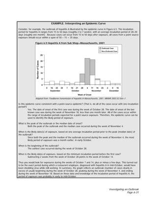 Investigating an Outbreak
Page 6-31
EXAMPLE: Interpreting an Epidemic Curve
Consider, for example, the outbreak of hepatitis A illustrated by the epidemic curve in Figure 6.5. The incubation
period for hepatitis A ranges from 15 to 50 days (roughly 2 to 7 weeks), with an average incubation period of 28–30
days (roughly one month). Because cases can occur from 15 to 50 days after exposure, all cases from a point source
exposure should occur within a span of 50 – 15 = 35 days.
Figure 6.5 Hepatitis A from Sub Shop—Massachusetts, 2001
Adapted from: Foodborne transmission of hepatitis A–Massachusetts, 2001. MMWR 2003;52:565–7.
Is this epidemic curve consistent with a point-source epidemic? (That is, do all of the cases occur with one incubation
period?)
Yes. The date of onset of the first case was during the week of October 28. The date of onset of the last
known case was during the week of November 18, less than one month later. All of the cases occur within
the range of incubation periods expected for a point source exposure. Therefore, the epidemic curve can be
used to identify the likely period of exposure.
What is the peak of the outbreak or the median date of onset?
Both the peak of the outbreak and the median case occurred during the week of November 4.
When is the likely date(s) of exposure, based on one average incubation period prior to the peak (median date) of
the outbreak?
Since both the peak and the median of the outbreak occurred during the week of November 4, the most
likely period of exposure was a month earlier, in early October.
When is the beginning of the outbreak?
The earliest case occurred during the week of October 28.
When is the likely dates of exposure, based on the minimum incubation period before the first case?
Subtracting 2 weeks from the week of October 28 points to the week of October 14.
Thus you would look for exposures during the weeks of October 7 and 14, plus or minus a few days. This turned out
to be the exact period during which a restaurant employee, diagnosed with hepatitis A in mid-October, would have
been shedding virus while still working. In summary, the graph reflects an outbreak (number of cases clearly in
excess of usual) beginning during the week of October 28, peaking during the week of November 4, and ending
during the week of November 18. Based on these data and knowledge of the incubation period of hepatitis A, the
period of exposure was probably in early to mid-October.
 