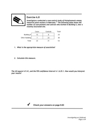 Investigating an Outbreak
Page 6-49
Exercise 6.8
Investigators conducted a case-control study of histoplasmosis among
industrial plant workers in Nebraska.41
The following table shows the
number of case-patients and controls who worked in Building X, near a
recently excavated site.
Cases Controls Total
Building X 15 8 23
Other Building 7 23 30
Total 22 31 53
1. What is the appropriate measure of association?
2. Calculate this measure.
The chi-square is 9.41, and the 95% confidence interval is 1.6–25.1. How would you interpret
your results?
Check your answers on page 6-63
 