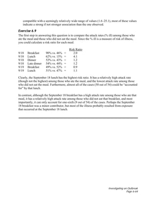 Investigating an Outbreak
Page 6-64
compatible with a seemingly relatively wide range of values (1.6–25.1), most of these values
indicate a strong if not stronger association than the one observed.
Exercise 6.9
The first step in answering this question is to compare the attack rates (% ill) among those who
ate the meal and those who did not eat the meal. Since the % ill is a measure of risk of illness,
you could calculate a risk ratio for each meal.
Risk Ratio
9/18 Breakfast 90% vs. 46% = 2.0
9/18 Lunch 62% vs. 15% = 4.1
9/18 Dinner 52% vs. 43% = 1.2
9/18 Late dinner 54% vs. 44% = 1.2
9/19 Breakfast 49% vs. 52% = 0.9
9/19 Lunch 51% vs. 47% = 1.1
Clearly, the September 18 lunch has the highest risk ratio. It has a relatively high attack rate
(though not the highest) among those who ate the meal, and the lowest attack rate among those
who did not eat the meal. Furthermore, almost all of the cases (50 out of 54) could be “accounted
for” by that lunch.
In contrast, although the September 18 breakfast has a high attack rate among those who ate that
meal, it has a relatively high attack rate among those who did not eat that breakfast, and most
importantly, it can only account for one-sixth (9 out of 54) of the cases. Perhaps the September
18 breakfast was a minor contributor, but most of the illness probably resulted from exposure
that occurred at the September 18 lunch.
 