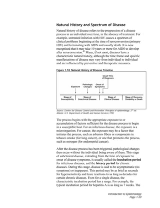 Introduction to Epidemiology
Page 1-59
Natural History and Spectrum of Disease
Natural history of disease refers to the progression of a disease
process in an individual over time, in the absence of treatment. For
example, untreated infection with HIV causes a spectrum of
clinical problems beginning at the time of seroconversion (primary
HIV) and terminating with AIDS and usually death. It is now
recognized that it may take 10 years or more for AIDS to develop
after seroconversion.43
Many, if not most, diseases have a
characteristic natural history, although the time frame and specific
manifestations of disease may vary from individual to individual
and are influenced by preventive and therapeutic measures.
Figure 1.18 Natural History of Disease Timeline
Source: Centers for Disease Control and Prevention. Principles of epidemiology, 2nd
ed.
Atlanta: U.S. Department of Health and Human Services;1992.
The process begins with the appropriate exposure to or
accumulation of factors sufficient for the disease process to begin
in a susceptible host. For an infectious disease, the exposure is a
microorganism. For cancer, the exposure may be a factor that
initiates the process, such as asbestos fibers or components in
tobacco smoke (for lung cancer), or one that promotes the process,
such as estrogen (for endometrial cancer).
After the disease process has been triggered, pathological changes
then occur without the individual being aware of them. This stage
of subclinical disease, extending from the time of exposure to
onset of disease symptoms, is usually called the incubation period
for infectious diseases, and the latency period for chronic
diseases. During this stage, disease is said to be asymptomatic (no
symptoms) or inapparent. This period may be as brief as seconds
for hypersensitivity and toxic reactions to as long as decades for
certain chronic diseases. Even for a single disease, the
characteristic incubation period has a range. For example, the
typical incubation period for hepatitis A is as long as 7 weeks. The
 