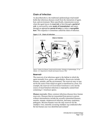 Introduction to Epidemiology
Page 1-62
Chain of Infection
As described above, the traditional epidemiologic triad model
holds that infectious diseases result from the interaction of agent,
host, and environment. More specifically, transmission occurs
when the agent leaves its reservoir or host through a portal of
exit, is conveyed by some mode of transmission, and enters
through an appropriate portal of entry to infect a susceptible
host. This sequence is sometimes called the chain of infection.
Figure 1.19 Chain of Infection
Source: Centers for Disease Control and Prevention. Principles of epidemiology, 2nd
ed.
Atlanta: U.S. Department of Health and Human Services;1992.
Reservoir
The reservoir of an infectious agent is the habitat in which the
agent normally lives, grows, and multiplies. Reservoirs include
humans, animals, and the environment. The reservoir may or may
not be the source from which an agent is transferred to a host. For
example, the reservoir of Clostridium botulinum is soil, but the
source of most botulism infections is improperly canned food
containing C. botulinum spores.
Human reservoirs. Many common infectious diseases have human
reservoirs. Diseases that are transmitted from person to person
without intermediaries include the sexually transmitted diseases,
measles, mumps, streptococcal infection, and many respiratory
pathogens. Because humans were the only reservoir for the
smallpox virus, naturally occurring smallpox was eradicated after
the last human case was identified and isolated.8
 
