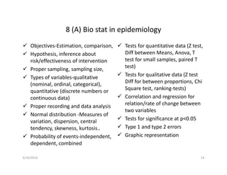 8 (A) Bio stat in epidemiology
Objectives-Estimation, comparison,
Hypothesis, inference about
risk/effectiveness of intervention
Proper sampling, sampling size,
Types of variables-qualitative
(nominal, ordinal, categorical),
quantitative (discrete numbers or
continuous data)
Proper recording and data analysis
Normal distribution -Measures of
variation, dispersion, central
tendency, skewness, kurtosis..
Probability of events-independent,
dependent, combined
Tests for quantitative data (Z test,
Diff between Means, Anova, T
test for small samples, paired T
test)
Tests for qualitative data (Z test
Diff for between proportions, Chi
Square test, ranking-tests)
Correlation and regression for
relation/rate of change between
two variables
Tests for significance at p<0.05
Type 1 and type 2 errors
Graphic representation
6/16/2016 14
 