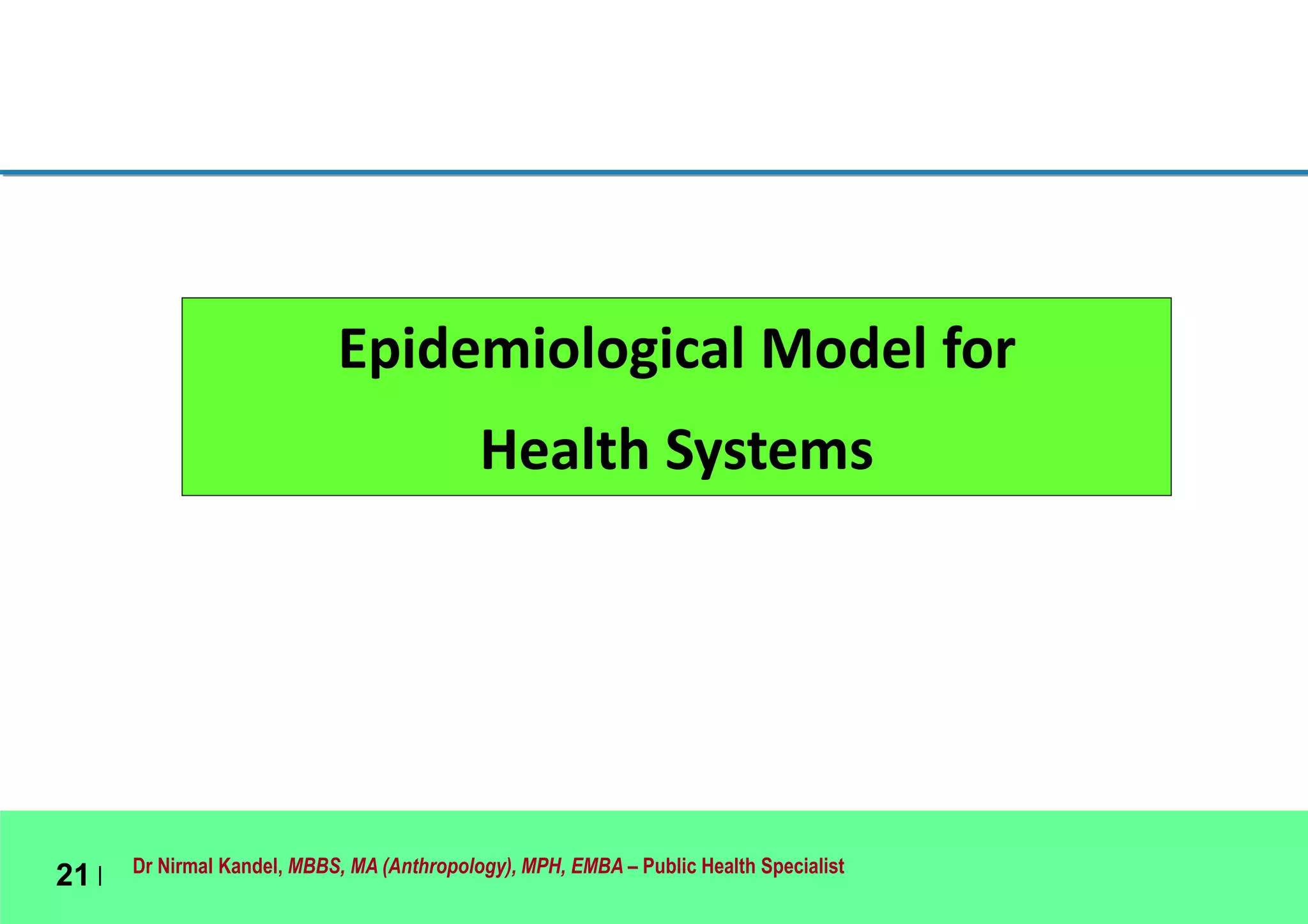 Dr Nirmal Kandel, MBBS, MA (Anthropology), MPH, EMBA – Public Health Specialist
21 |
Epidemiological Model for
Health Systems
 