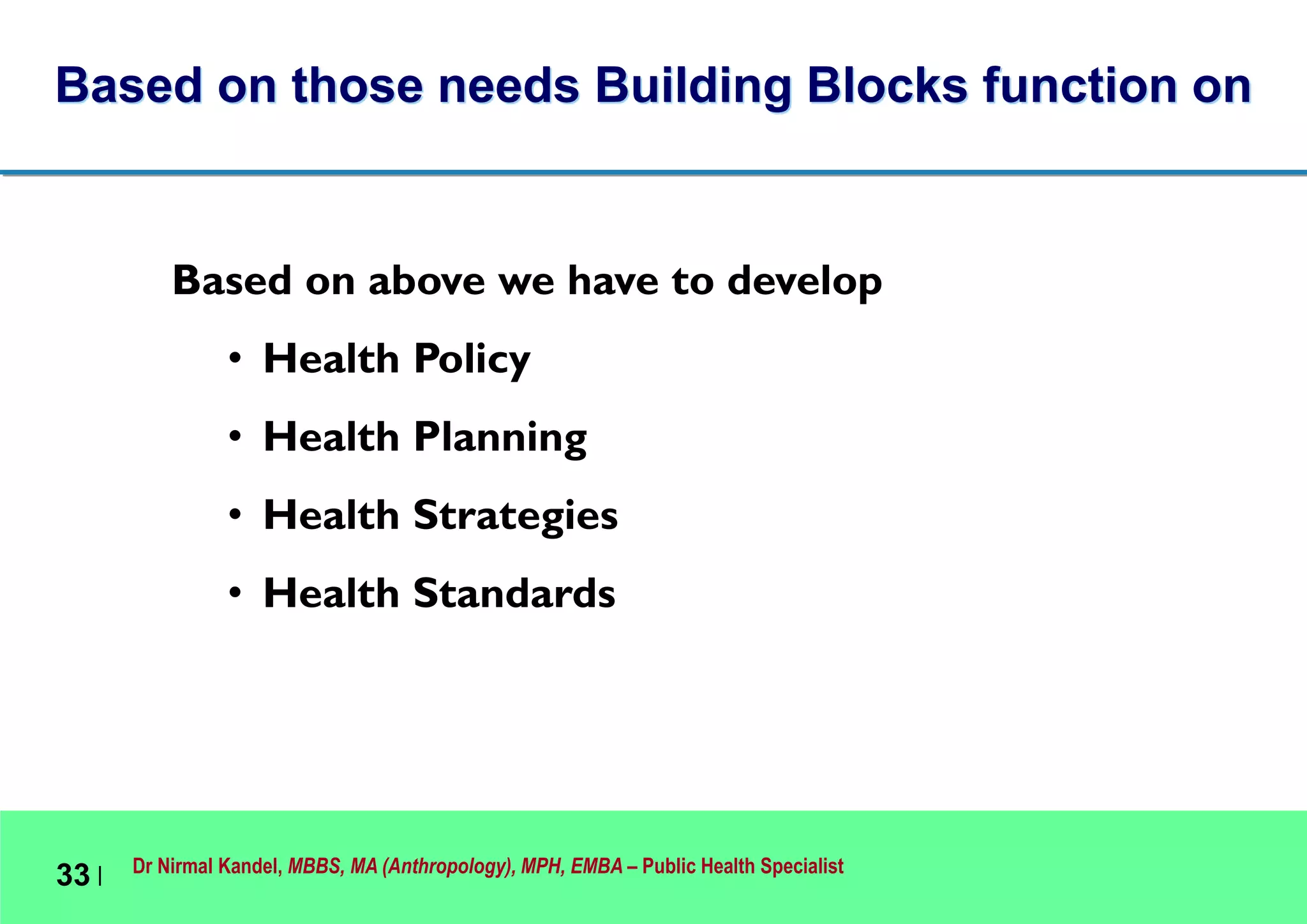 Dr Nirmal Kandel, MBBS, MA (Anthropology), MPH, EMBA – Public Health Specialist
33 |
Based on above we have to develop
• Health Policy
• Health Planning
• Health Strategies
• Health Standards
Based on those needs Building Blocks function on
 