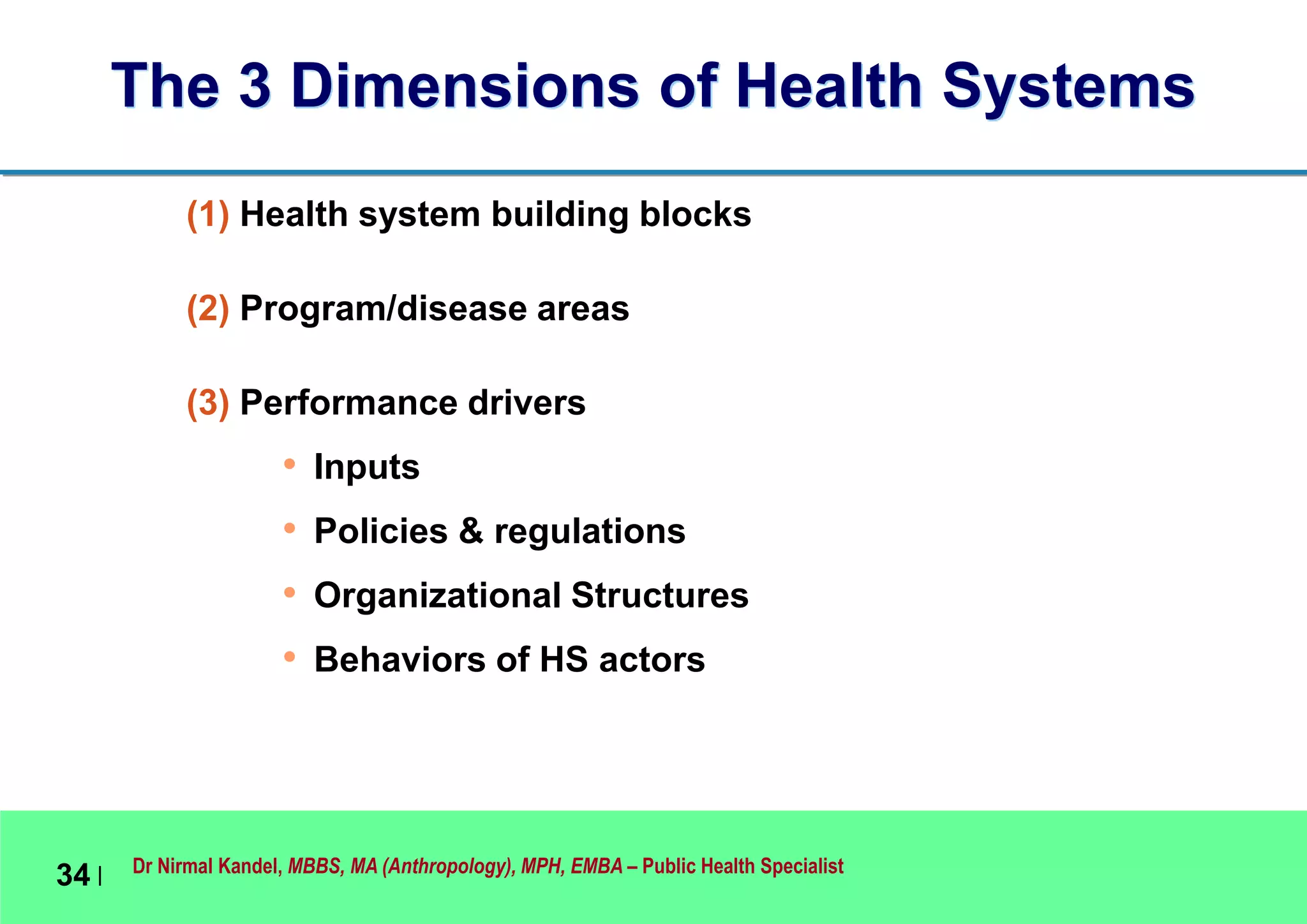 Dr Nirmal Kandel, MBBS, MA (Anthropology), MPH, EMBA – Public Health Specialist
34 |
The 3 Dimensions of Health Systems
(1) Health system building blocks
(2) Program/disease areas
(3) Performance drivers
• Inputs
• Policies & regulations
• Organizational Structures
• Behaviors of HS actors
 