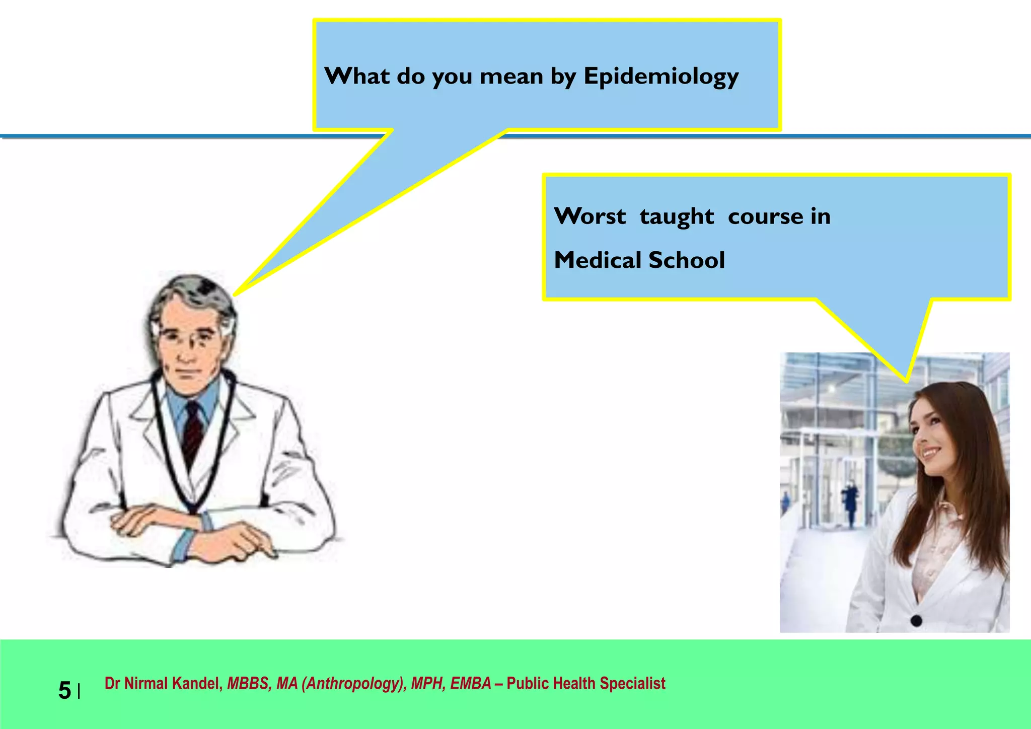 Dr Nirmal Kandel, MBBS, MA (Anthropology), MPH, EMBA – Public Health Specialist
5 |
What do you mean by Epidemiology
Worst taught course in
Medical School
 