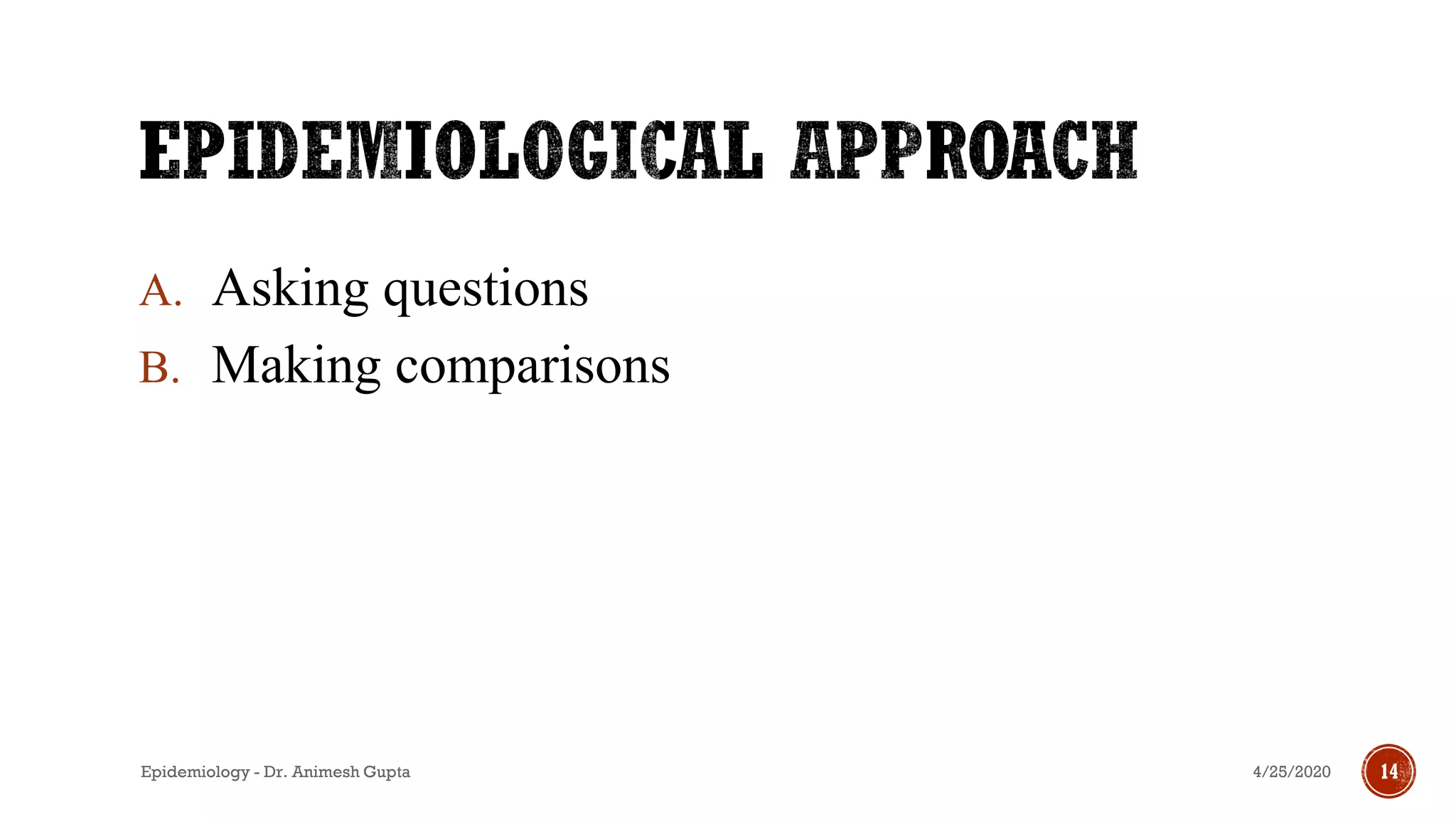 A. Asking questions
B. Making comparisons
4/25/2020Epidemiology - Dr. Animesh Gupta 14
 