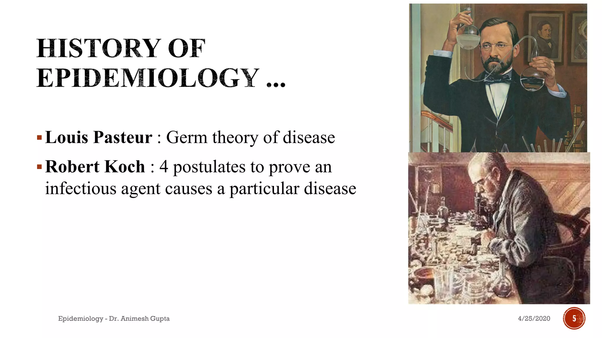 ▪Louis Pasteur : Germ theory of disease
▪Robert Koch : 4 postulates to prove an
infectious agent causes a particular disease
4/25/2020Epidemiology - Dr. Animesh Gupta 5
 