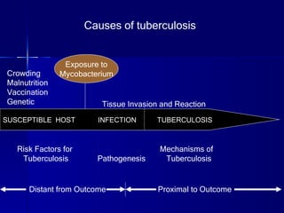 SUSCEPTIBLE  HOST  INFECTION  TUBERCULOSIS Exposure to Mycobacterium Tissue Invasion and Reaction Crowding Malnutrition Vaccination Genetic Risk Factors for  Mechanisms of Tuberculosis  Pathogenesis  Tuberculosis Distant from Outcome  Proximal to Outcome Causes of tuberculosis 