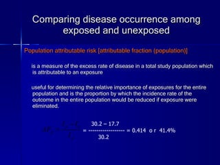 Comparing disease occurrence among exposed and unexposed Population attributable risk [attributable fraction (population)] is a measure of the excess rate of disease in a total study population which is attributable to an exposure useful for determining the relative importance of exposures for the entire population and is the proportion by which the incidence rate of the outcome in the entire population would be reduced if exposure were eliminated. 30.2 – 17.7 = ------------------ = 0.414  o r  41.4%  30.2 