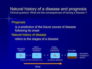 Natural history of a disease and prognosis Clinical question: What are the consequences of having a disease ? Prognosis  is a prediction of the future course of disease following its onset Natural history of disease refers to the stages of a disease D x time P R E- S Y M P T O M A T I C  CLINICAL DISEASE EARLY  USUAL  BIOLOGIC  DIAGNOSIS  CLINICAL ONSET  POSSIBLE  DIAGNOSIS  OUTCOME RECOVERY DISABILITY DEATH 