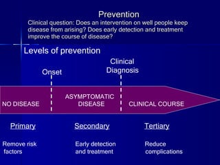 Prevention Clinical question: Does an intervention on well people keep disease from arising? Does early detection and treatment improve the course of disease? ASYMPTOMATIC  NO DISEASE  DISEASE  CLINICAL COURSE Onset Clinical Diagnosis Primary   Secondary   Tertiary Remove risk  Early detection  Reduce factors  and treatment  complications Levels of prevention 