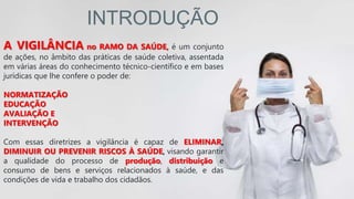 INTRODUÇÃO
A VIGILÂNCIA no RAMO DA SAÚDE, é um conjunto
de ações, no âmbito das práticas de saúde coletiva, assentada
em várias áreas do conhecimento técnico-científico e em bases
jurídicas que lhe confere o poder de:
NORMATIZAÇÃO
EDUCAÇÃO
AVALIAÇÃO E
INTERVENÇÃO
Com essas diretrizes a vigilância é capaz de ELIMINAR,
DIMINUIR OU PREVENIR RISCOS À SAÚDE, visando garantir
a qualidade do processo de produção, distribuição e
consumo de bens e serviços relacionados à saúde, e das
condições de vida e trabalho dos cidadãos.
 