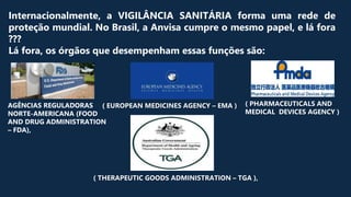 Internacionalmente, a VIGILÂNCIA SANITÁRIA forma uma rede de
proteção mundial. No Brasil, a Anvisa cumpre o mesmo papel, e lá fora
???
Lá fora, os órgãos que desempenham essas funções são:
AGÊNCIAS REGULADORAS
NORTE-AMERICANA (FOOD
AND DRUG ADMINISTRATION
– FDA),
( EUROPEAN MEDICINES AGENCY – EMA ) ( PHARMACEUTICALS AND
MEDICAL DEVICES AGENCY )
( THERAPEUTIC GOODS ADMINISTRATION – TGA ),
 