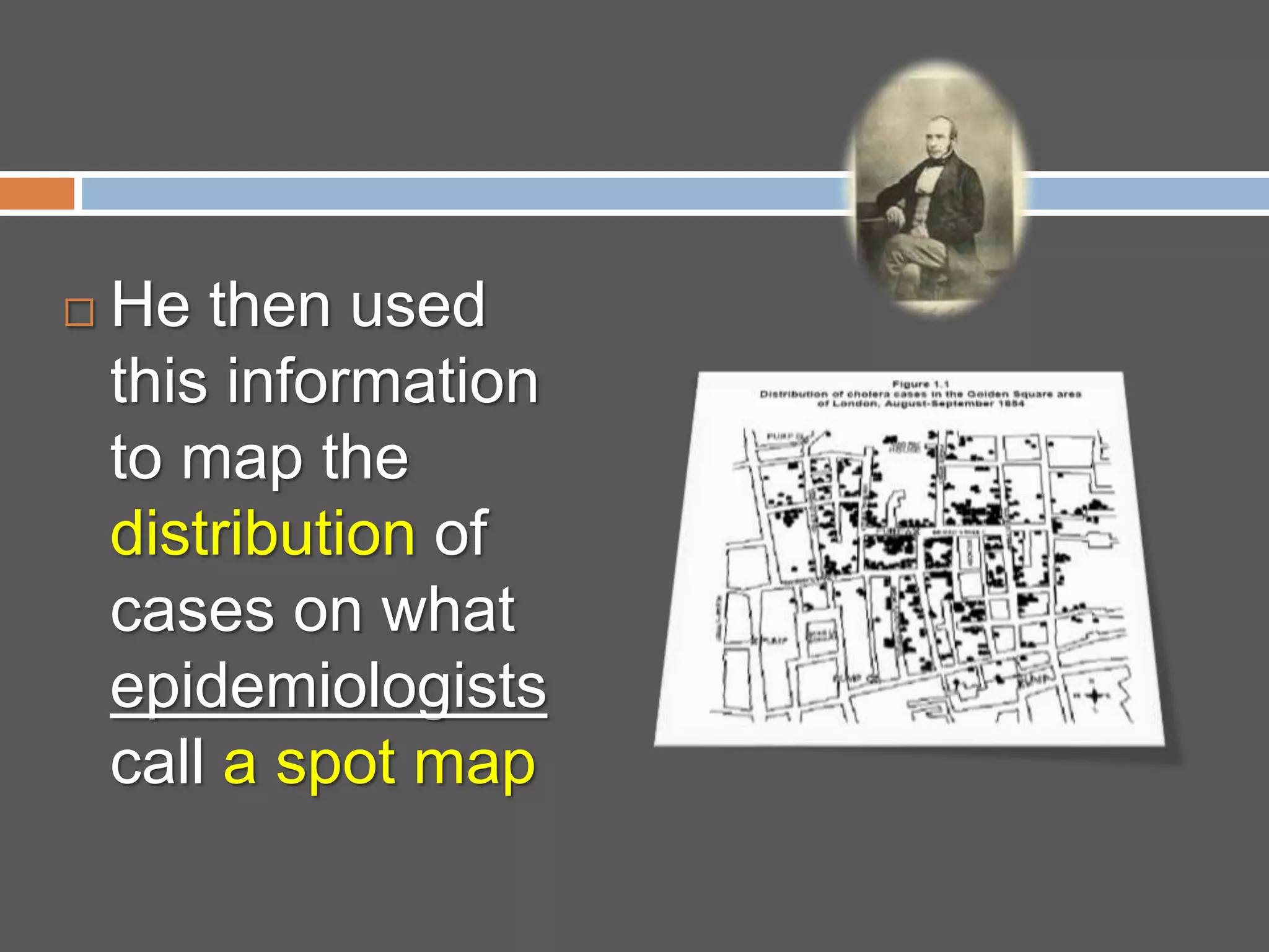  He then used
this information
to map the
distribution of
cases on what
epidemiologists
call a spot map
 