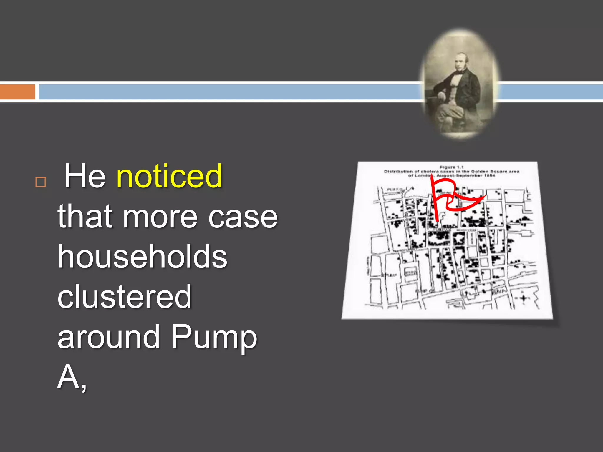  He noticed
that more case
households
clustered
around Pump
A,

 