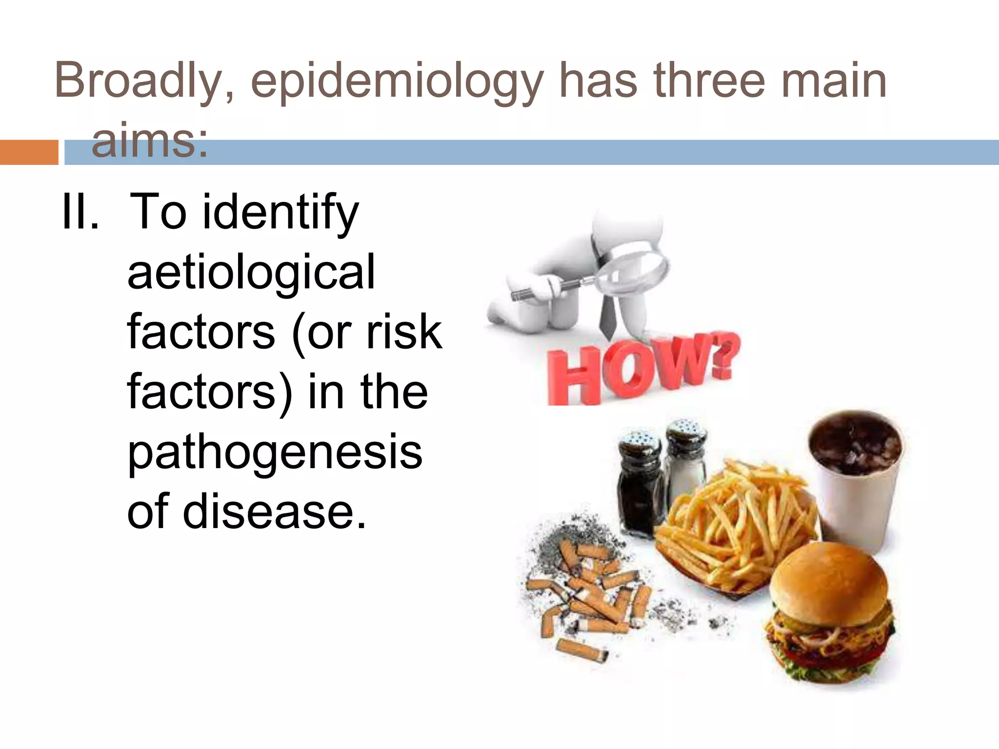 Broadly, epidemiology has three main
aims:
II. To identify
aetiological
factors (or risk
factors) in the
pathogenesis
of disease.
 