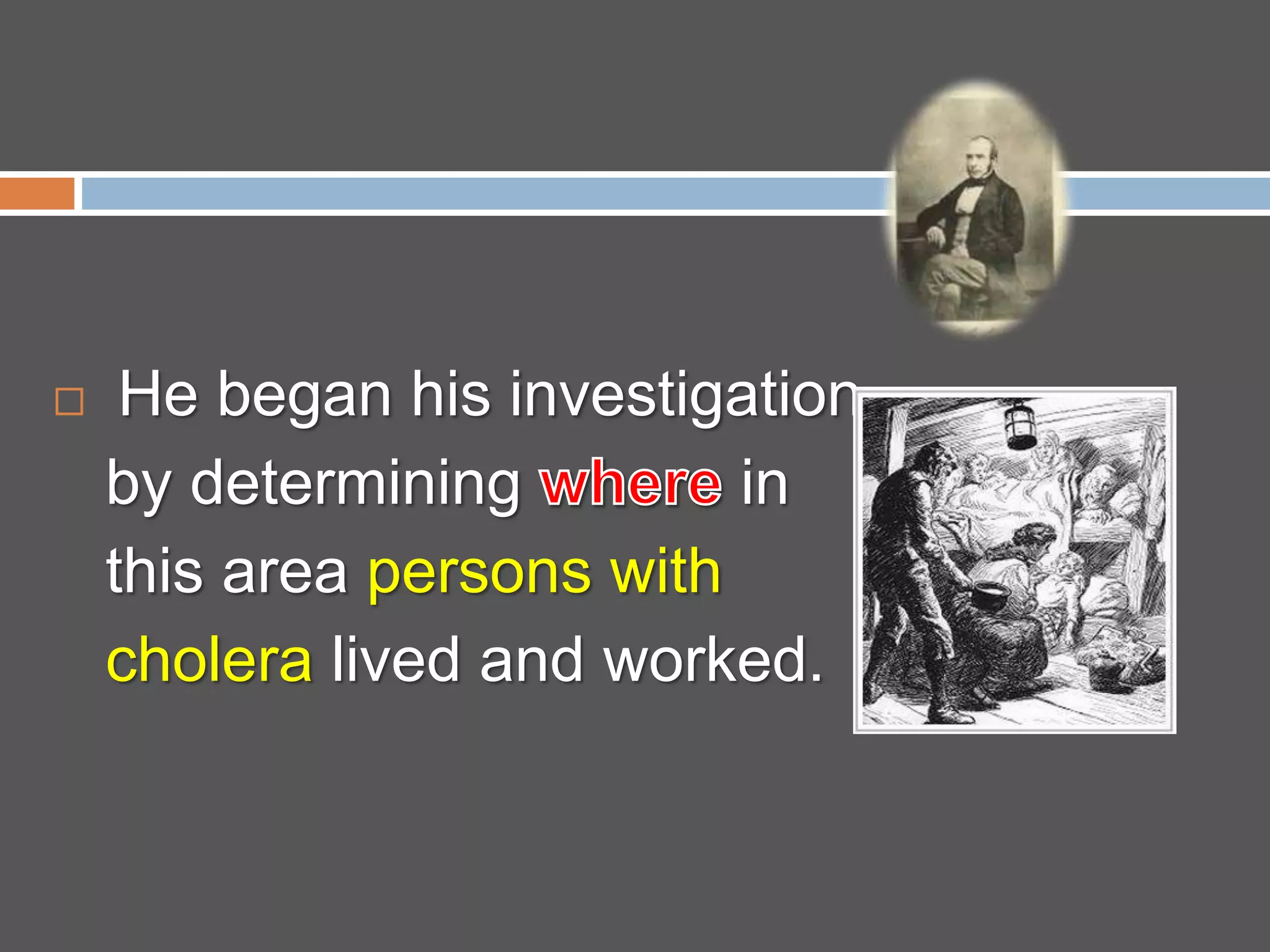  He began his investigation
by determining in
this area persons with
cholera lived and worked.
 