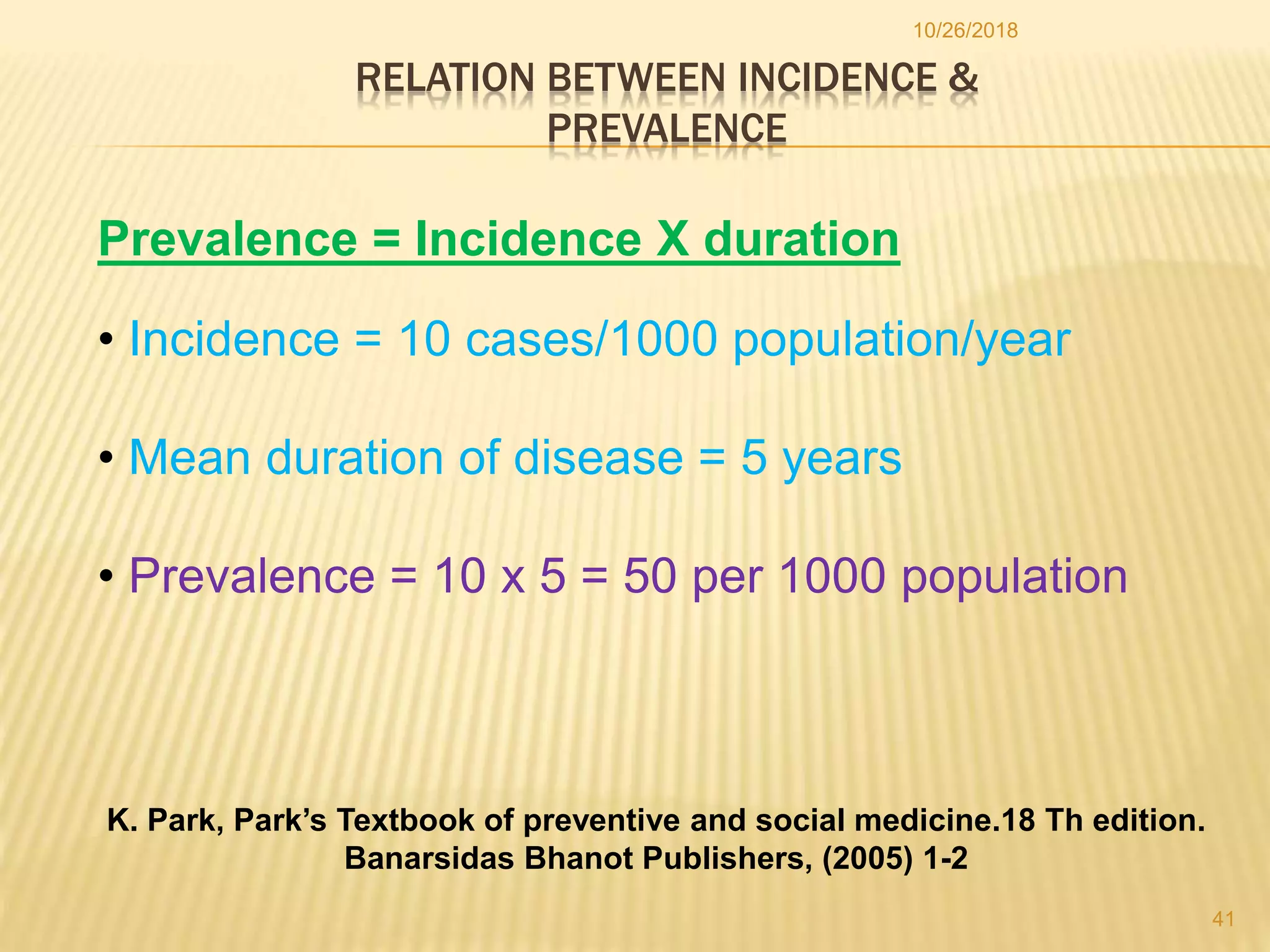 RELATION BETWEEN INCIDENCE &
PREVALENCE
10/26/2018
41
Prevalence = Incidence X duration
• Incidence = 10 cases/1000 population/year
• Mean duration of disease = 5 years
• Prevalence = 10 x 5 = 50 per 1000 population
K. Park, Park’s Textbook of preventive and social medicine.18 Th edition.
Banarsidas Bhanot Publishers, (2005) 1-2
 