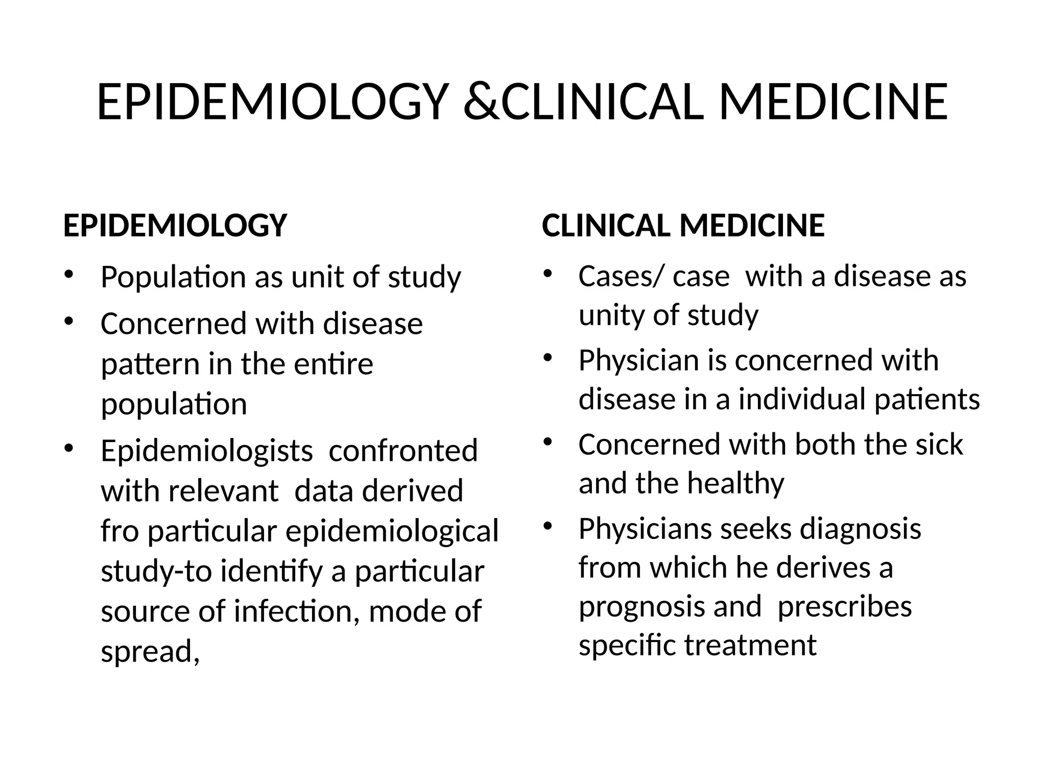 EPIDEMIOLOGY &CLINICAL MEDICINE
EPIDEMIOLOGY
• Population as unit of study
• Concerned with disease
pattern in the entire
population
• Epidemiologists confronted
with relevant data derived
fro particular epidemiological
study-to identify a particular
source of infection, mode of
spread,
CLINICAL MEDICINE
• Cases/ case with a disease as
unity of study
• Physician is concerned with
disease in a individual patients
• Concerned with both the sick
and the healthy
• Physicians seeks diagnosis
from which he derives a
prognosis and prescribes
specific treatment
 