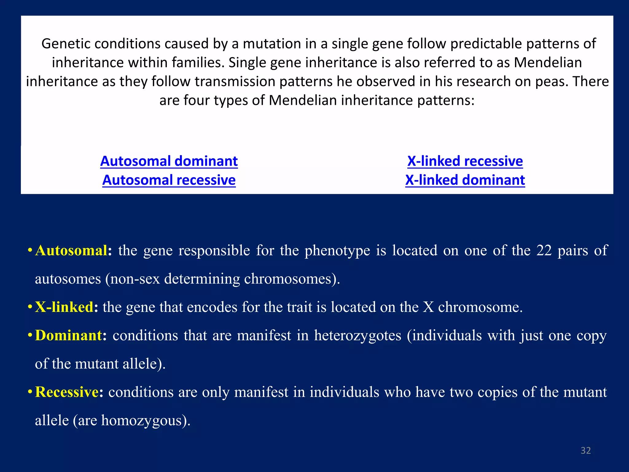 Genetic conditions caused by a mutation in a single gene follow predictable patterns of
inheritance within families. Single gene inheritance is also referred to as Mendelian
inheritance as they follow transmission patterns he observed in his research on peas. There
are four types of Mendelian inheritance patterns:
Autosomal dominant
Autosomal recessive
X-linked recessive
X-linked dominant
32
•Autosomal: the gene responsible for the phenotype is located on one of the 22 pairs of
autosomes (non-sex determining chromosomes).
•X-linked: the gene that encodes for the trait is located on the X chromosome.
•Dominant: conditions that are manifest in heterozygotes (individuals with just one copy
of the mutant allele).
•Recessive: conditions are only manifest in individuals who have two copies of the mutant
allele (are homozygous).
 