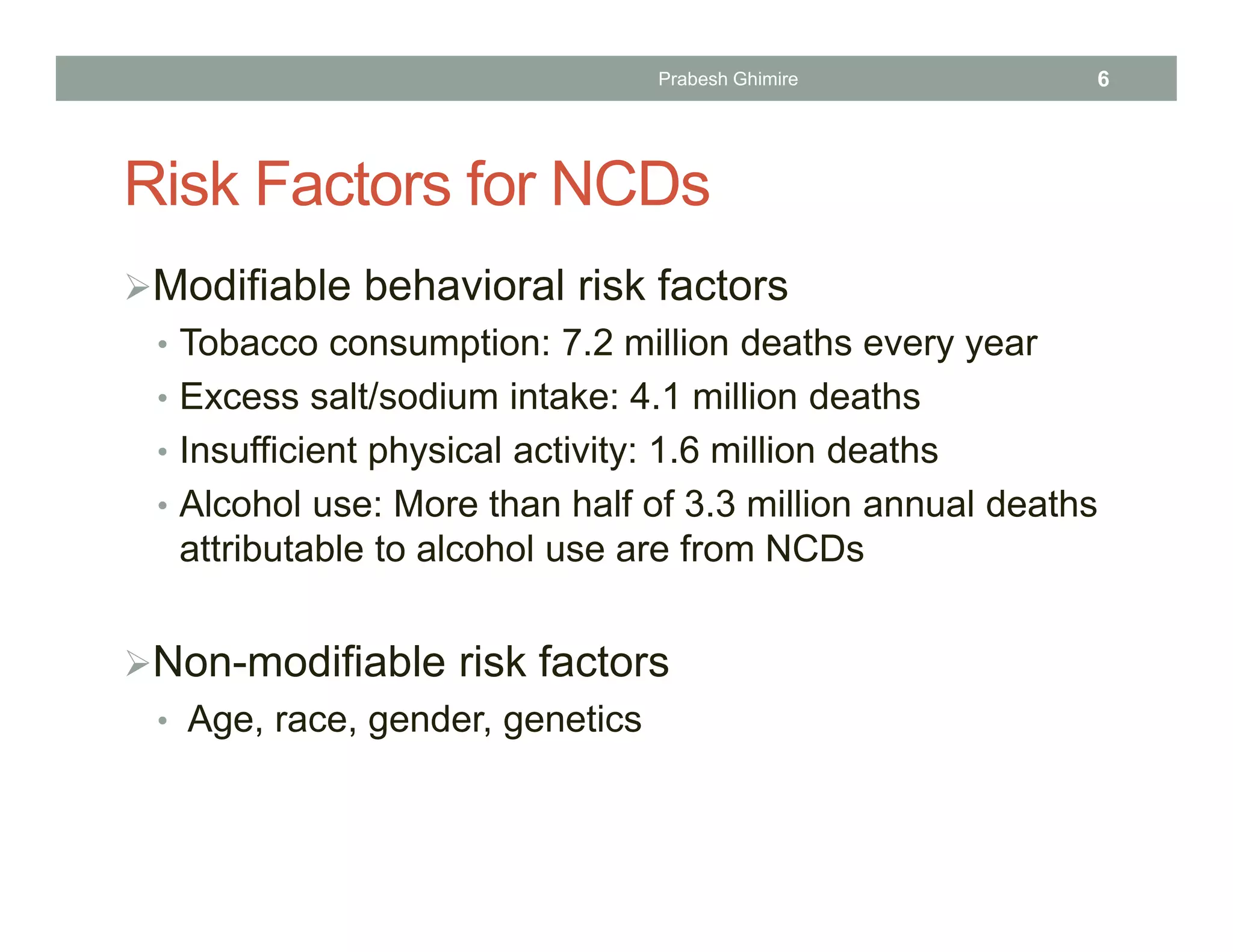 Risk Factors for NCDs
Modifiable behavioral risk factors
• Tobacco consumption: 7.2 million deaths every year
• Excess salt/sodium intake: 4.1 million deaths
• Insufficient physical activity: 1.6 million deaths
• Alcohol use: More than half of 3.3 million annual deaths
attributable to alcohol use are from NCDs
Non-modifiable risk factors
• Age, race, gender, genetics
Prabesh Ghimire 6
 