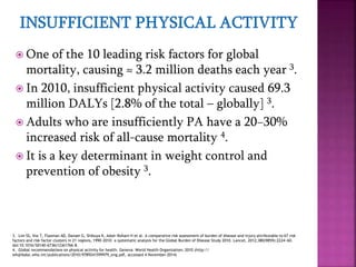  One of the 10 leading risk factors for global
mortality, causing ≈ 3.2 million deaths each year 3.
 In 2010, insufficient physical activity caused 69.3
million DALYs [2.8% of the total – globally] 3.
 Adults who are insufficiently PA have a 20−30%
increased risk of all-cause mortality 4.
 It is a key determinant in weight control and
prevention of obesity 3.
3. Lim SS, Vos T, Flaxman AD, Danaei G, Shibuya K, Adair-Rohani H et al. A comparative risk assessment of burden of disease and injury attributable to 67 risk
factors and risk factor clusters in 21 regions, 1990–2010: a systematic analysis for the Global Burden of Disease Study 2010. Lancet. 2012;380(9859):2224−60.
doi:10.1016/S0140-6736(12)61766-8.
4. Global recommendations on physical activity for health. Geneva: World Health Organization; 2010 (http://
whqlibdoc.who.int/publications/2010/9789241599979_eng.pdf, accessed 4 November 2014)
 