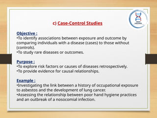c) Case-Control Studies
Objective :
•To identify associations between exposure and outcome by
comparing individuals with a disease (cases) to those without
(controls).
•To study rare diseases or outcomes.
Purpose :
•To explore risk factors or causes of diseases retrospectively.
•To provide evidence for causal relationships.
Example :
•Investigating the link between a history of occupational exposure
to asbestos and the development of lung cancer.
•Assessing the relationship between poor hand hygiene practices
and an outbreak of a nosocomial infection.
 