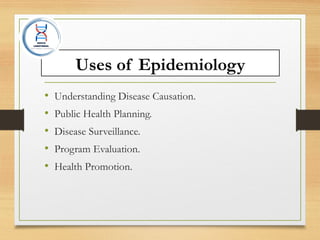 Uses of Epidemiology
• Understanding Disease Causation.
• Public Health Planning.
• Disease Surveillance.
• Program Evaluation.
• Health Promotion.
 