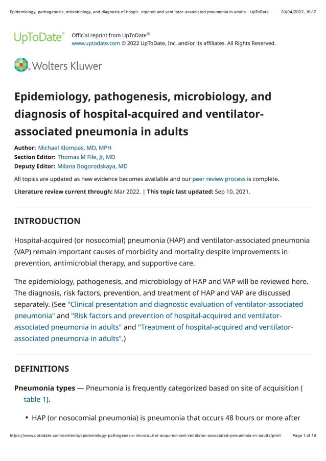 Epidemiology, pathogenesis, microbiology, and diagnosis of hospital