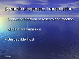 Dynamic of diseases TransmissionDynamic of diseases Transmission
• Source of Infection or reservoir of infectionSource of ...