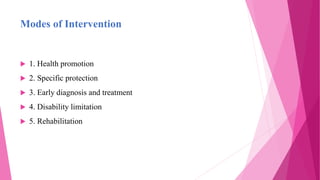 Modes of Intervention
 1. Health promotion
 2. Specific protection
 3. Early diagnosis and treatment
 4. Disability limitation
 5. Rehabilitation
 