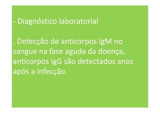 - Diagnóstico laboratorial
. Detecção de anticorpos IgM no
sangue na fase aguda da doença,
anticorpos IgG são detectados anos
após a infecção.
 