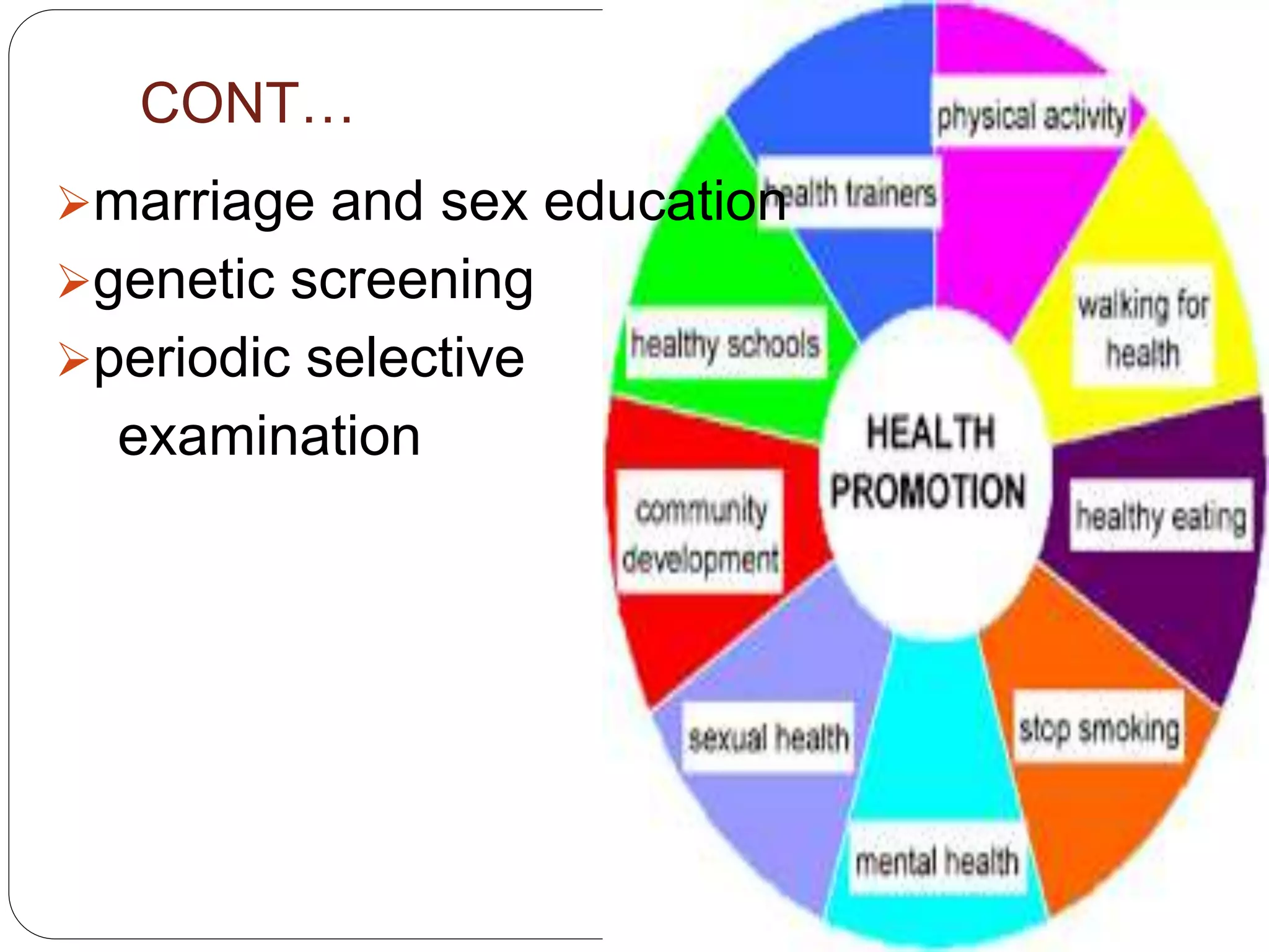 CONT…
marriage and sex education
genetic screening
periodic selective
examination
 
