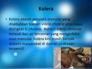 Kolera
• Kolera adalah penyakit menular yang
disebabkan bakteri Vibrio cholera atau biasa
disingkat V. cholera. Bakteri Vibrio cholerae
berasal dari air tercemar yang menginfeksi
usus manusia. Kolera kini masih banyak
dialami masyarakat di daerah pedesaan
terpencil.
 