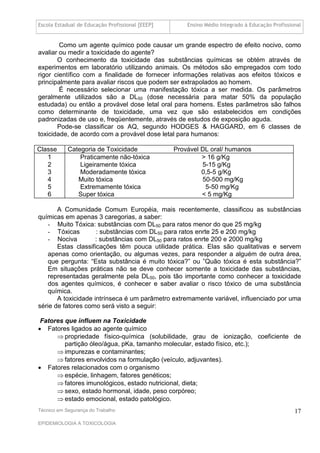Escola Estadual de Educação Profissional [EEEP]       Ensino Médio Integrado à Educação Profissional


        Como um agente químico pode causar um grande espectro de efeito nocivo, como
avaliar ou medir a toxicidade do agente?
       O conhecimento da toxicidade das substâncias químicas se obtém através de
experimentos em laboratório utilizando animais. Os métodos são empregados com todo
rigor científico com a finalidade de fornecer informações relativas aos efeitos tóxicos e
principalmente para avaliar riscos que podem ser extrapolados ao homem.
        É necessário selecionar uma manifestação tóxica a ser medida. Os parâmetros
geralmente utilizados são a DL50 (dose necessária para matar 50% da população
estudada) ou então a provável dose letal oral para homens. Estes parâmetros são falhos
como determinante de toxicidade, uma vez que são estabelecidos em condições
padronizadas de uso e, freqüentemente, através de estudos de exposição aguda.
       Pode-se classificar os AQ, segundo HODGES & HAGGARD, em 6 classes de
toxicidade, de acordo com a provável dose letal para humanos:

Classe      Categoria de Toxicidade               Provável DL oral/ humanos
   1            Praticamente não-tóxica                    > 16 g/Kg
   2            Ligeiramente tóxica                        5-15 g/Kg
   3            Moderadamente tóxica                       0,5-5 g/Kg
   4           Muito tóxica                                50-500 mg/Kg
   5            Extremamente tóxica                         5-50 mg/Kg
   6           Super tóxica                                < 5 mg/Kg

       A Comunidade Comum Européia, mais recentemente, classificou as substâncias
químicas em apenas 3 caregorias, a saber:
   - Muito Tóxica: substâncias com DL50 para ratos menor do que 25 mg/kg
   - Tóxicas         : substâncias com DL50 para ratos enrte 25 e 200 mg/kg
   - Nociva          : substâncias com DL50 para ratos enrte 200 e 2000 mg/kg
       Estas classificações têm pouca utilidade prática. Elas são qualitativas e servem
   apenas como orientação, ou algumas vezes, para responder a alguém de outra área,
   que pergunta: “Esta substância é muito tóxica?” ou ”Quão tóxica é esta substância?”
   Em situações práticas não se deve conhecer somente a toxicidade das substâncias,
   representadas geralmente pela DL50, pois tão importante como conhecer a toxicidade
   dos agentes químicos, é conhecer e saber avaliar o risco tóxico de uma substância
   química.
       A toxicidade intrínseca é um parâmetro extremamente variável, influenciado por uma
série de fatores como será visto a seguir:

 Fatores que influem na Toxicidade
 Fatores ligados ao agente químico
       propriedade físico-química (solubilidade, grau de ionização, coeficiente de
         partição óleo/água, pKa, tamanho molecular, estado físico, etc.);
       impurezas e contaminantes;
       fatores envolvidos na formulação (veículo, adjuvantes).
 Fatores relacionados com o organismo
       espécie, linhagem, fatores genéticos;
       fatores imunológicos, estado nutricional, dieta;
       sexo, estado hormonal, idade, peso corpóreo;
       estado emocional, estado patológico.
Técnico em Segurança do Trabalho                                                                 17
EPIDEMIOLOGIA A TOXICOLOGIA
 