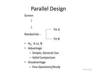 542-03-#100
Parallel Design
Screen
Trt A
Randomize -
Trt B
• H0: A vs. B
• Advantage
– Simple, General Use
– Valid Comparison
• Disadvantage
– Few Questions/Study
 
