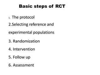 Basic steps of RCT
1. The protocol
2.Selecting reference and
experimental populations
3. Randomization
4. Intervention
5. Follow up
6. Assessment
 