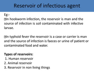Reservoir of infectious agent
Eg:-
In hookworm infection, the reservoir is man and the
source of infection is soil contaminated with infective
larvae.
In typhoid fever the reservoir is a case or carrier is man
and the source of infection is faeces or urine of patient or
contaminated food and water.
Types of reservoirs:
1. Human reservoir
2. Animal reservoir
3. Reservoir in non living things
 