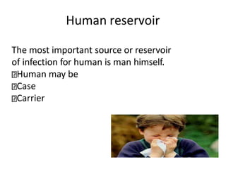 Human reservoir
The most important source or reservoir
of infection for human is man himself.
Human may be
Case
Carrier
 