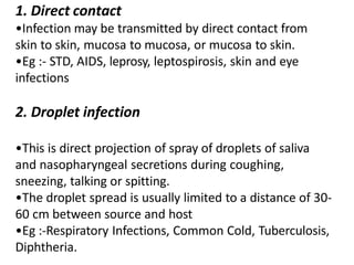 1. Direct contact
•Infection may be transmitted by direct contact from
skin to skin, mucosa to mucosa, or mucosa to skin.
•Eg :- STD, AIDS, leprosy, leptospirosis, skin and eye
infections
2. Droplet infection
•This is direct projection of spray of droplets of saliva
and nasopharyngeal secretions during coughing,
sneezing, talking or spitting.
•The droplet spread is usually limited to a distance of 30-
60 cm between source and host
•Eg :-Respiratory Infections, Common Cold, Tuberculosis,
Diphtheria.
 