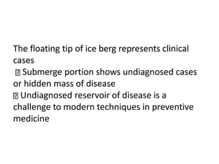 The floating tip of ice berg represents clinical
cases
Submerge portion shows undiagnosed cases
or hidden mass of disease
Undiagnosed reservoir of disease is a
challenge to modern techniques in preventive
medicine
 