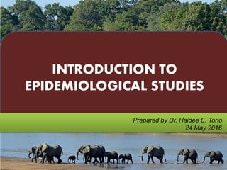 INTRODUCTION TO
EPIDEMIOLOGICAL STUDIES
Prepared by Dr. Haidee E. Torio
24 May 2016
 