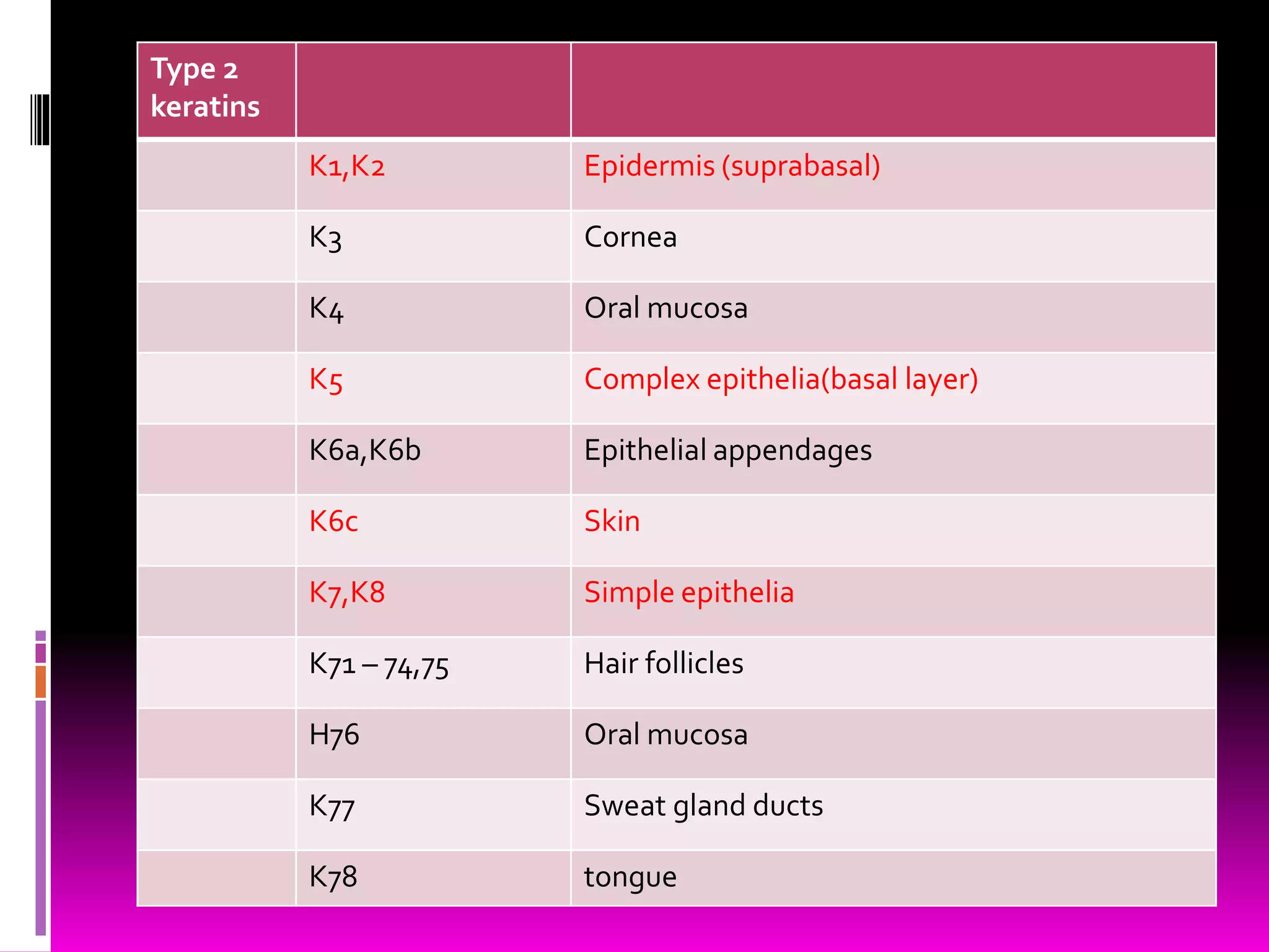 Type 2
keratins
K1,K2 Epidermis (suprabasal)
K3 Cornea
K4 Oral mucosa
K5 Complex epithelia(basal layer)
K6a,K6b Epithelial appendages
K6c Skin
K7,K8 Simple epithelia
K71 – 74,75 Hair follicles
H76 Oral mucosa
K77 Sweat gland ducts
K78 tongue
 