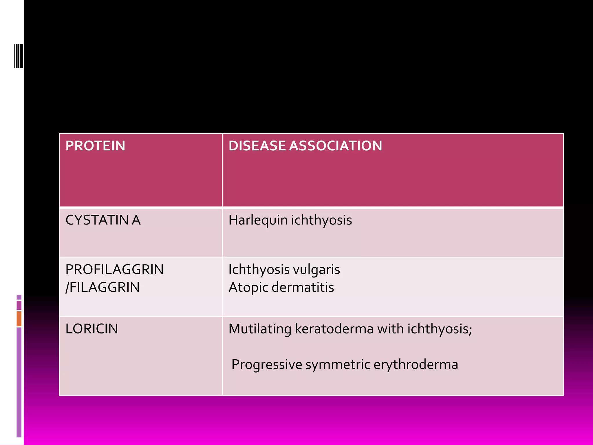 PROTEIN DISEASE ASSOCIATION
CYSTATIN A Harlequin ichthyosis
PROFILAGGRIN
/FILAGGRIN
Ichthyosis vulgaris
Atopic dermatitis
LORICIN Mutilating keratoderma with ichthyosis;
Progressive symmetric erythroderma
 